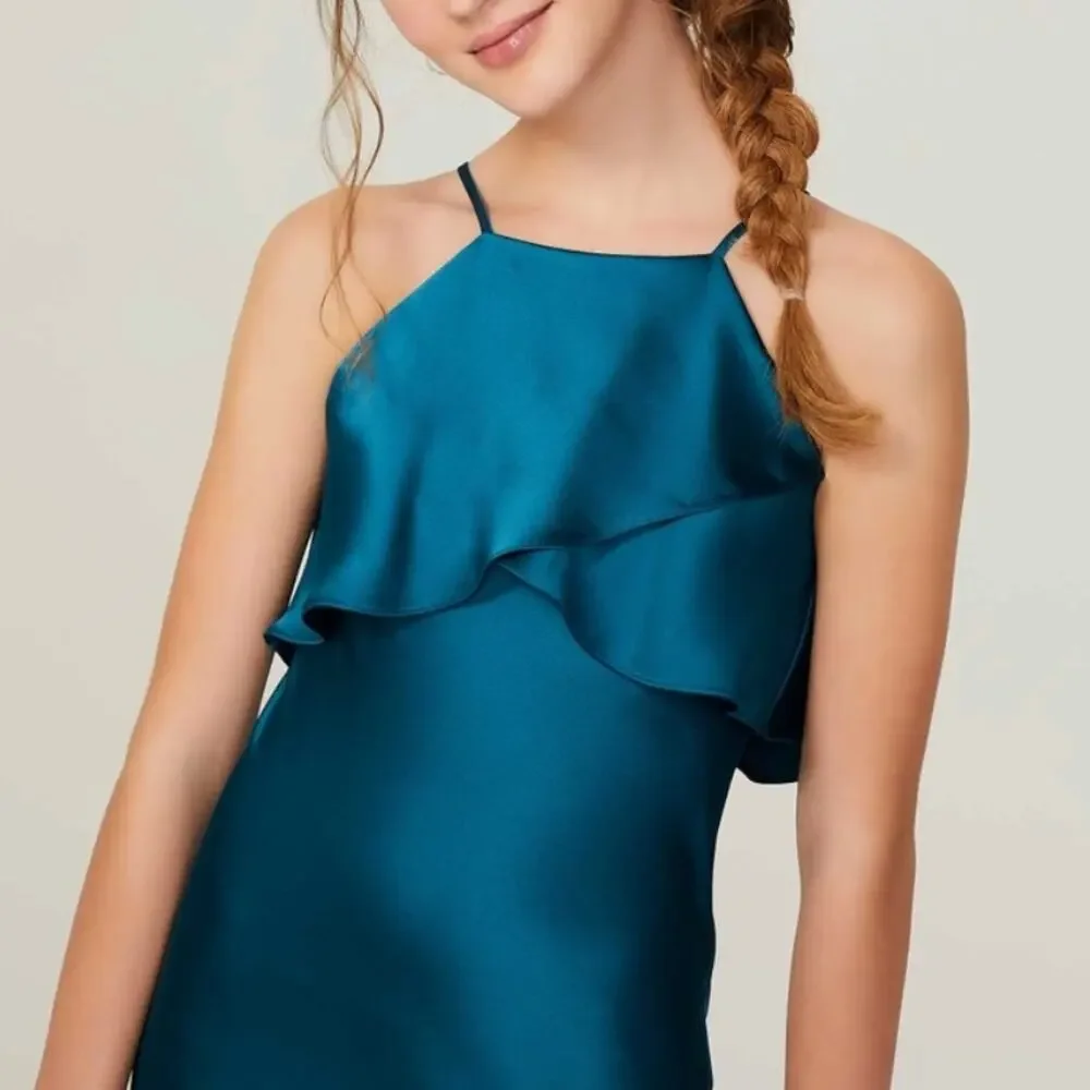 Morilee Junior Bridesmaid Teal Satin Flounce Bodice Full Length Dress 13214